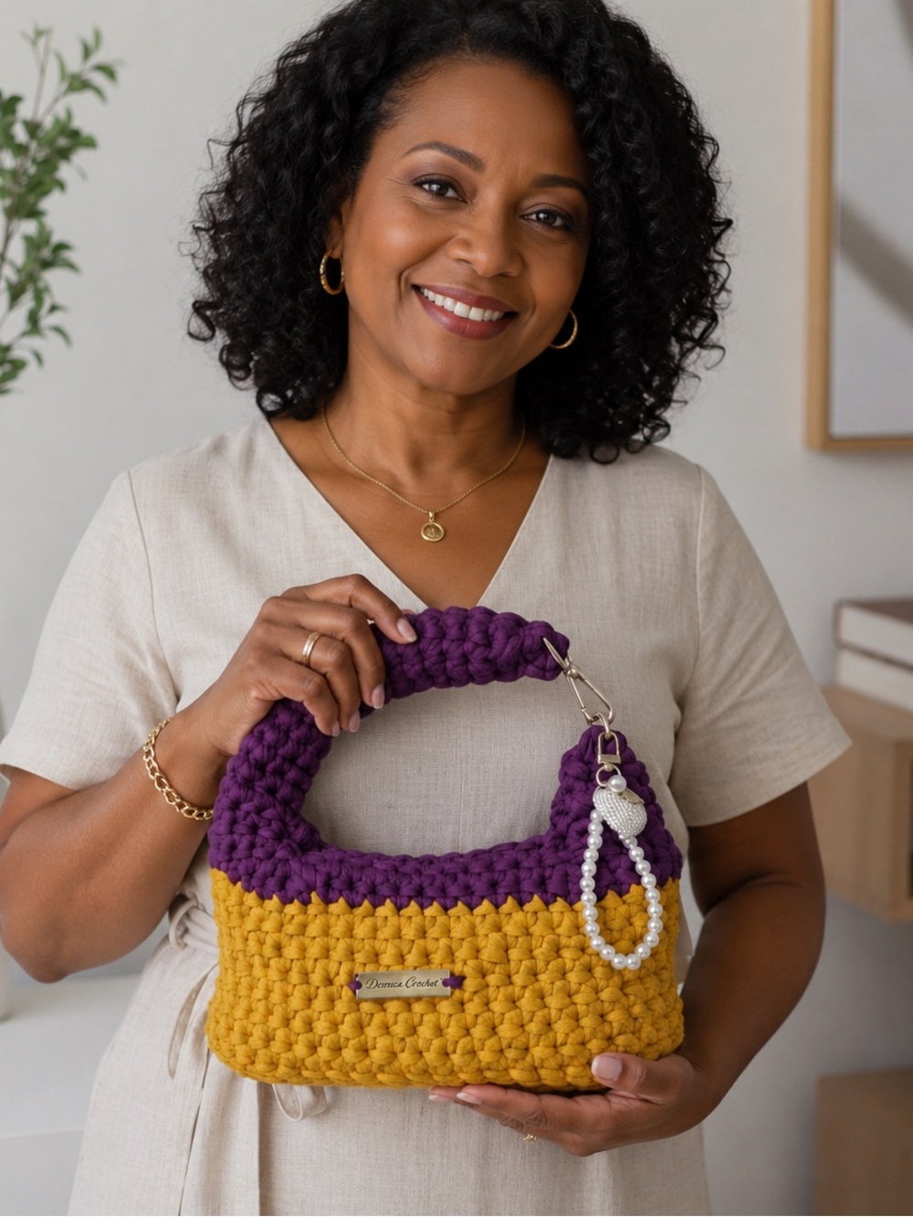 103-Handmade Two-Tone Crochet Bag in Purple and Mustard - Picture 3 of 3